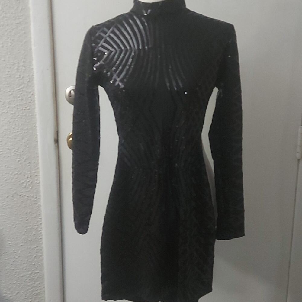 Black Sequin Bodycon Backless Mini Dress S Coquette Girl Y2K LBD Date Night